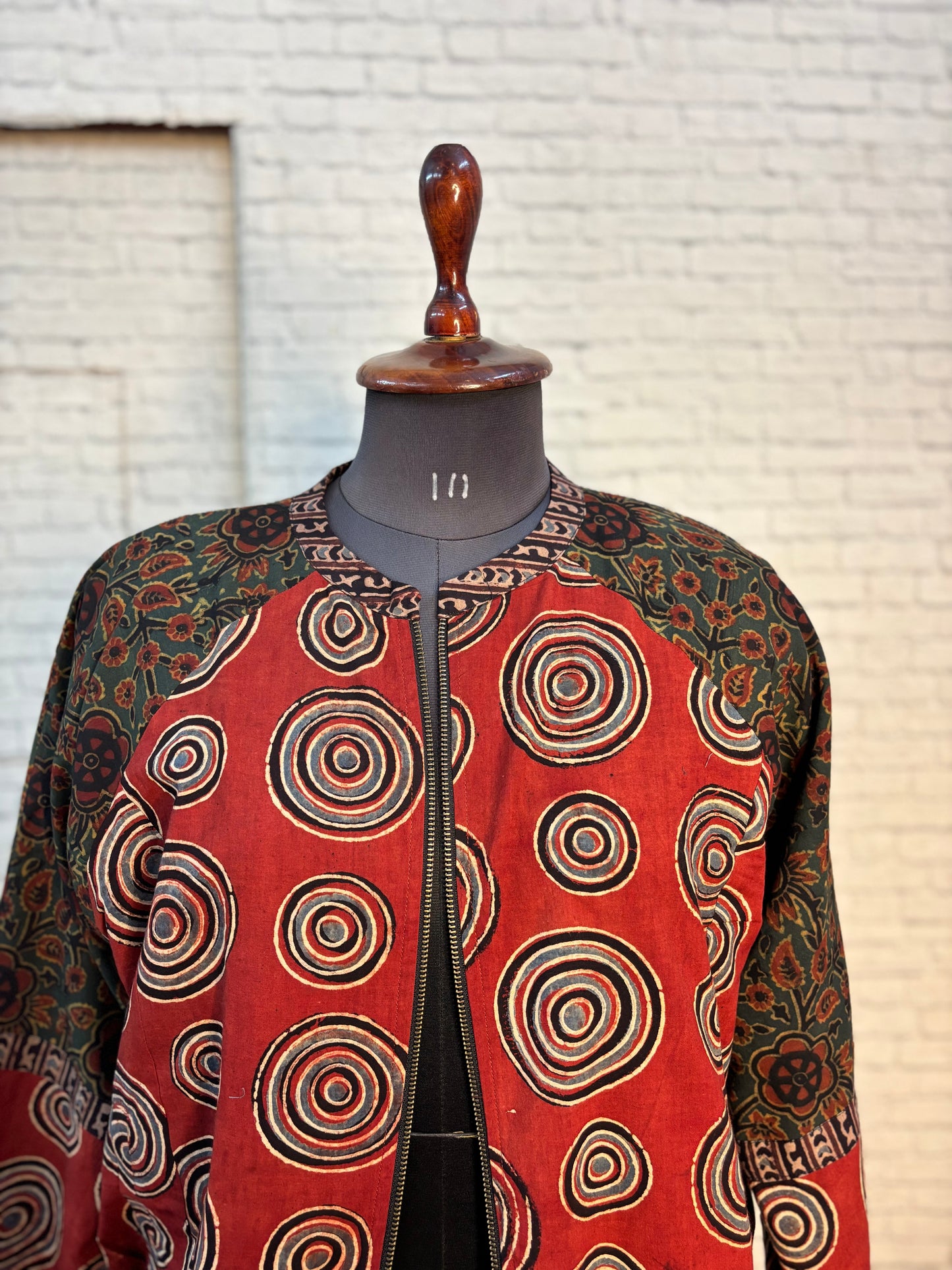 Red Green Ajrakh Hand Block Printed Unisex Bomber Jacket