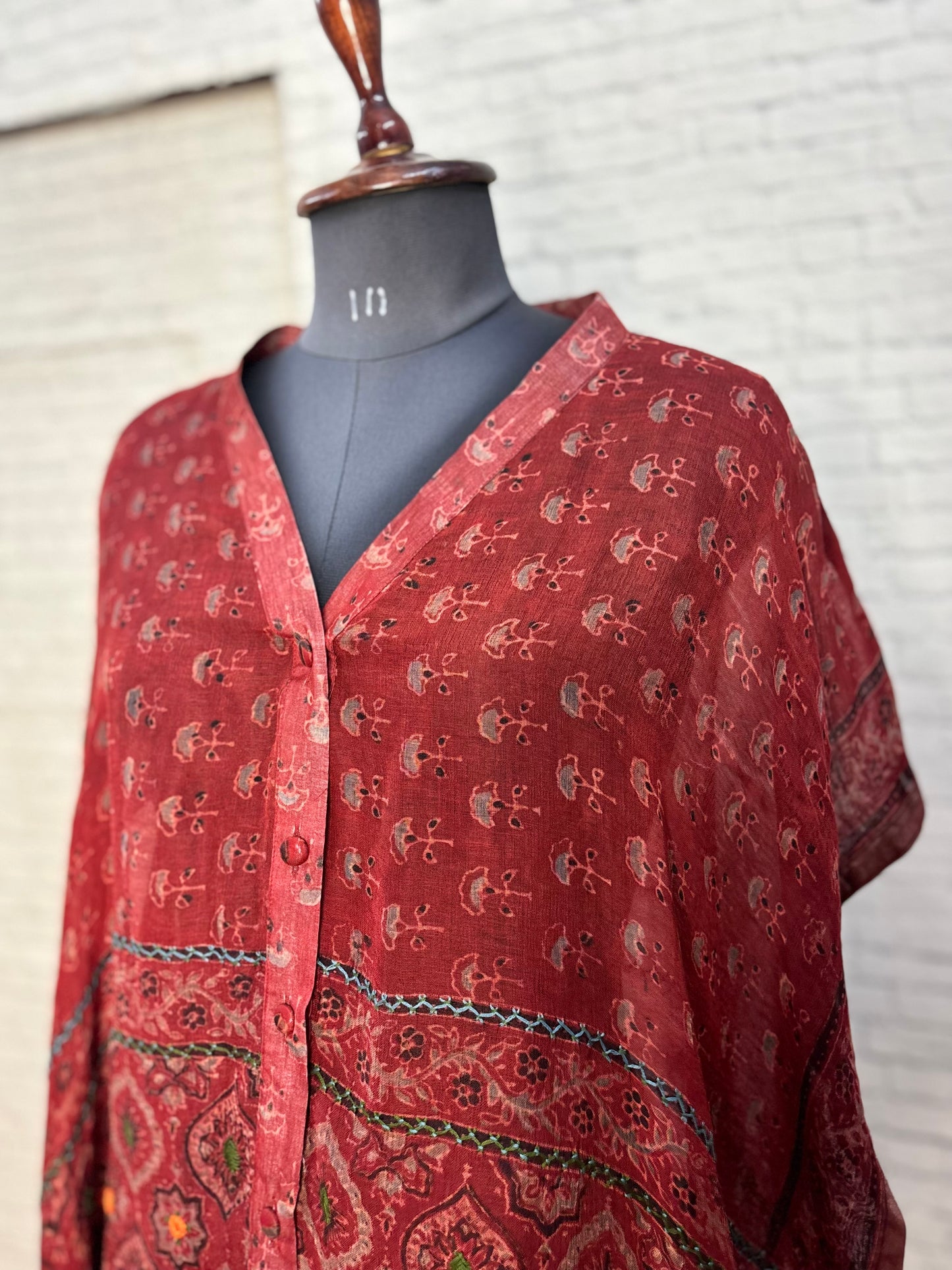 Red Ajrakh Chanderi Shirt Kaftan with Hand Embroidery
