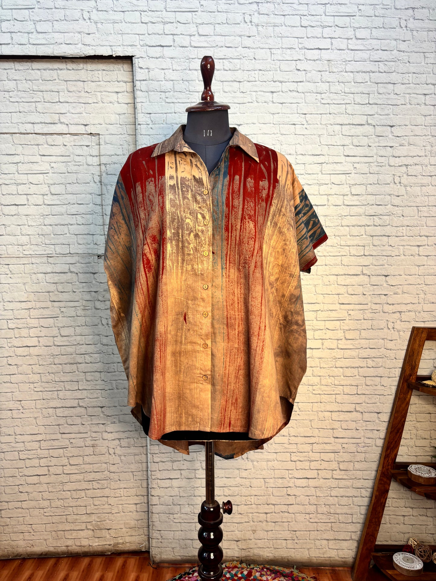 Kashish Red Brush Ajrakh Cotton High Low Shirt Kaftan