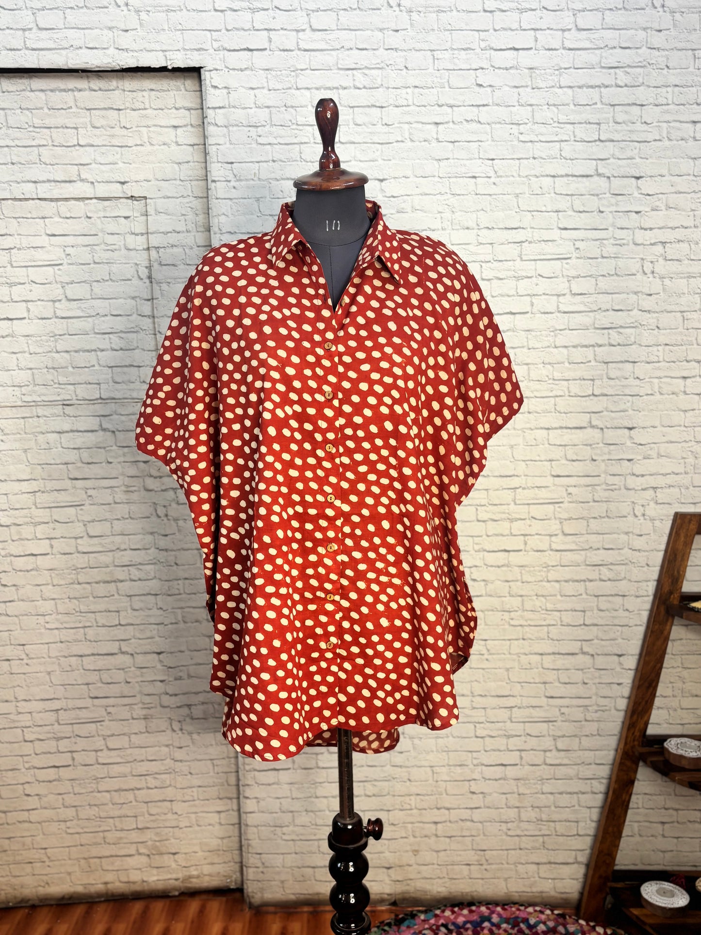 Red Polka Dot Cotton High Low Shirt Kaftan