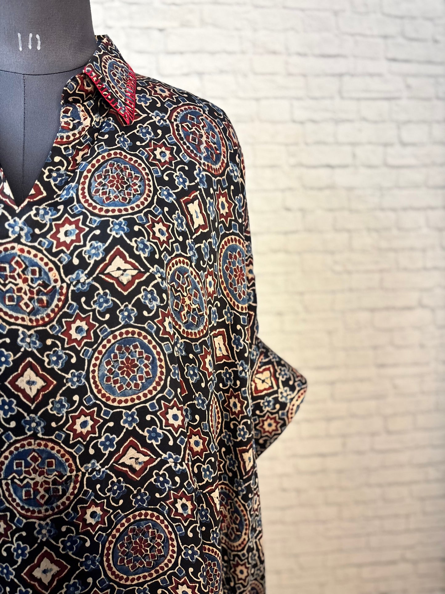 Black Red Modal Silk Ajrakh Kaftan Top