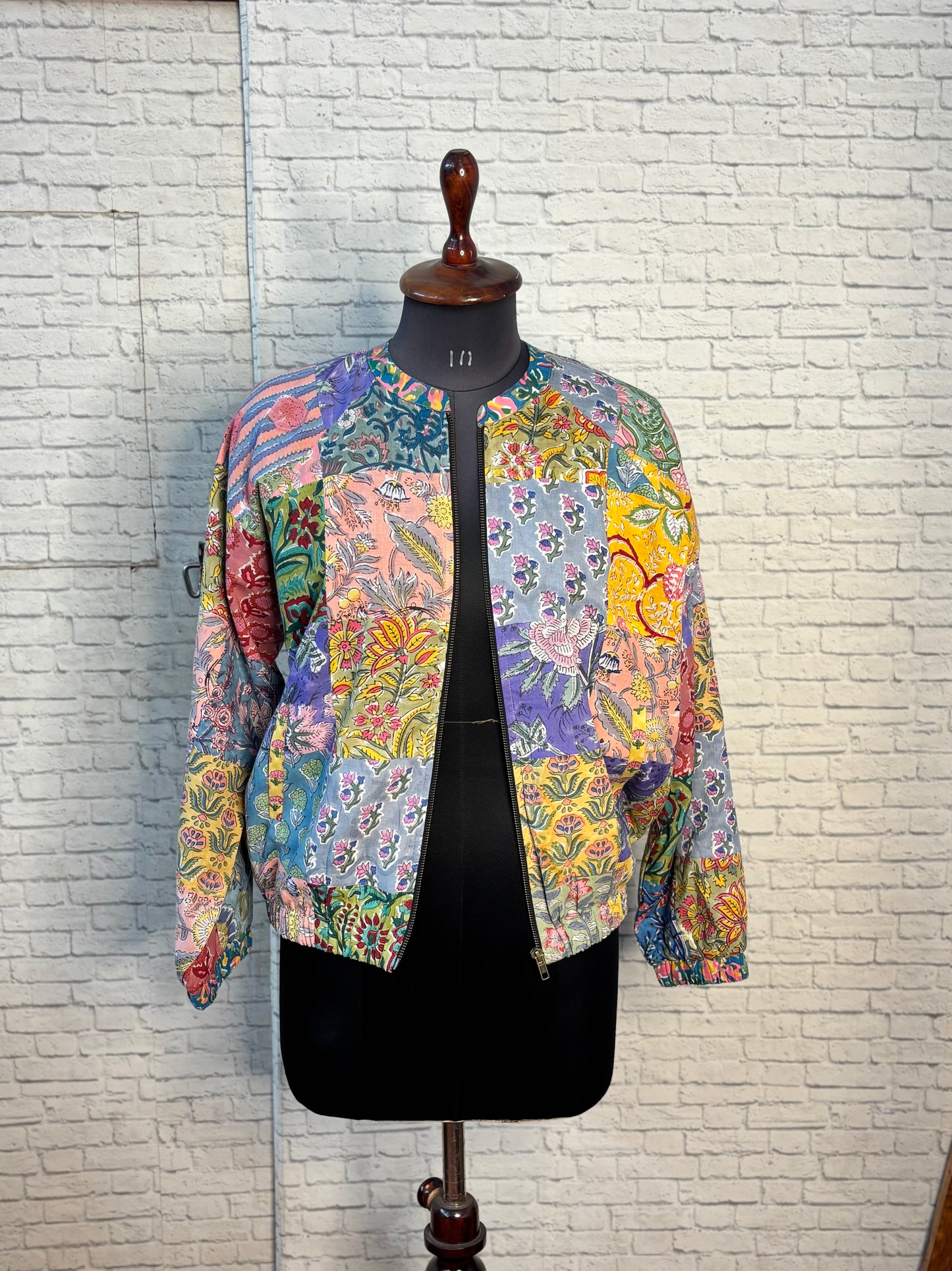 Hand Block Printed Patch Work Unisex Bomber Jacket