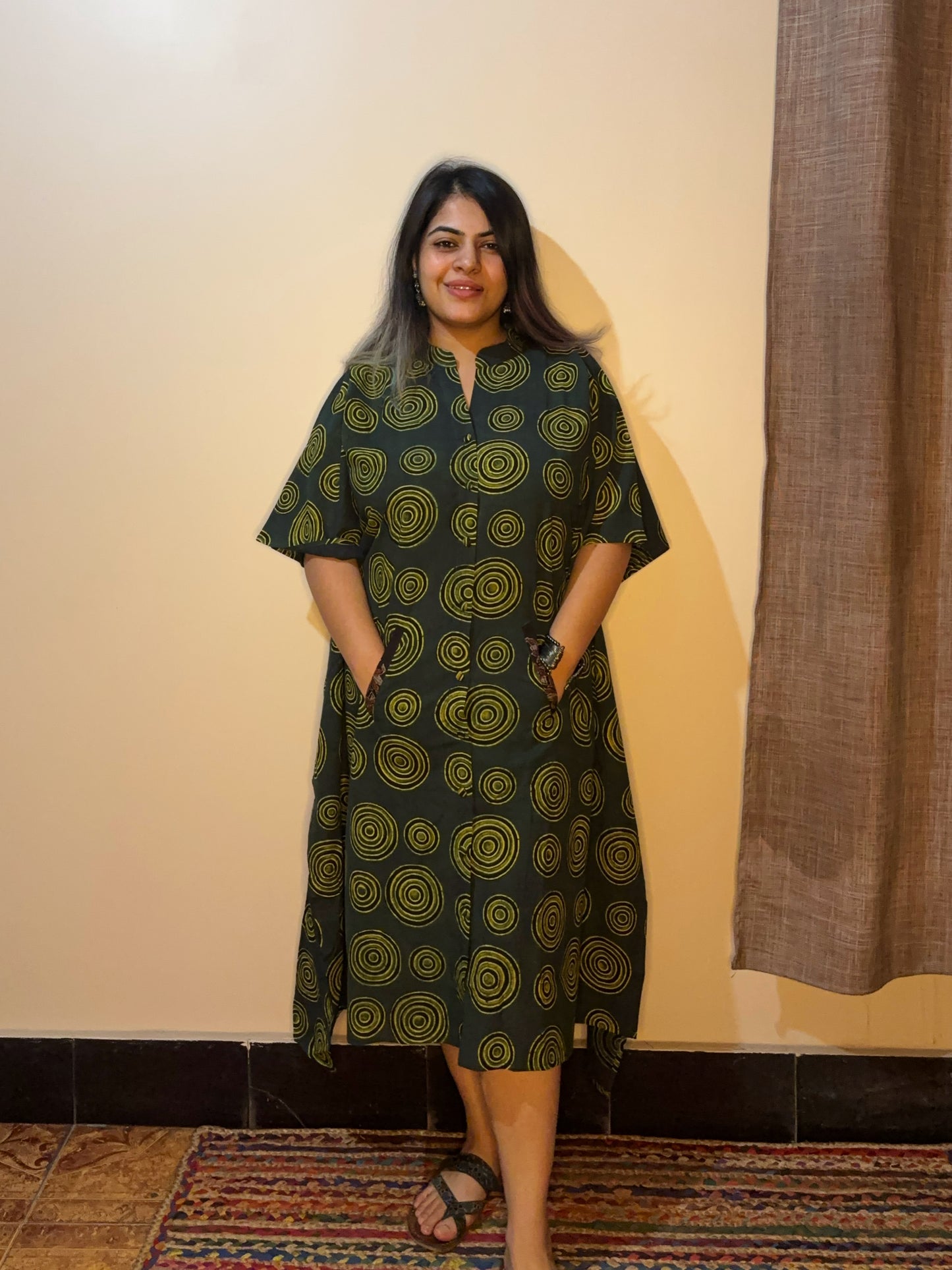 Green High Low Ajrakh Midi Cotton Shirt Kaftan