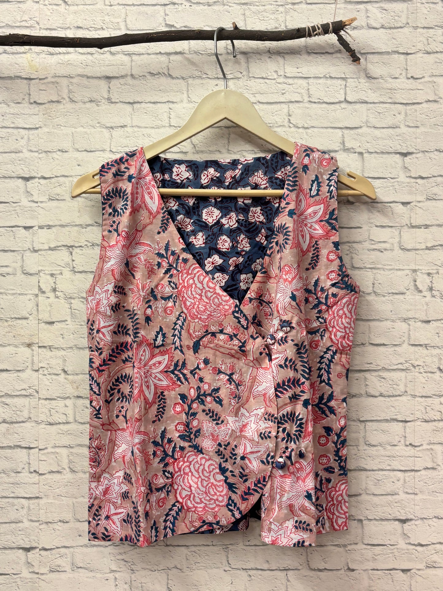Brown Blue Hand Block Printed Reversible Waistcoat