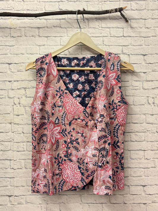 Brown Blue Hand Block Printed Reversible Waistcoat