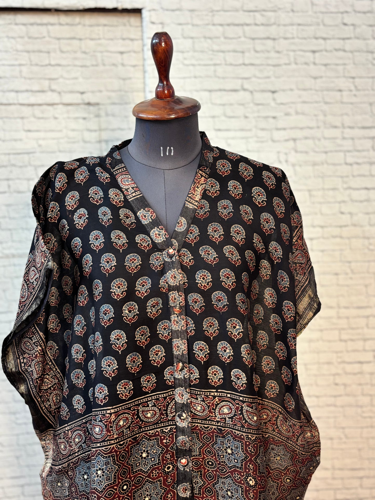 Black Ajrakh Chanderi Shirt Kaftan with Sequin Detailing