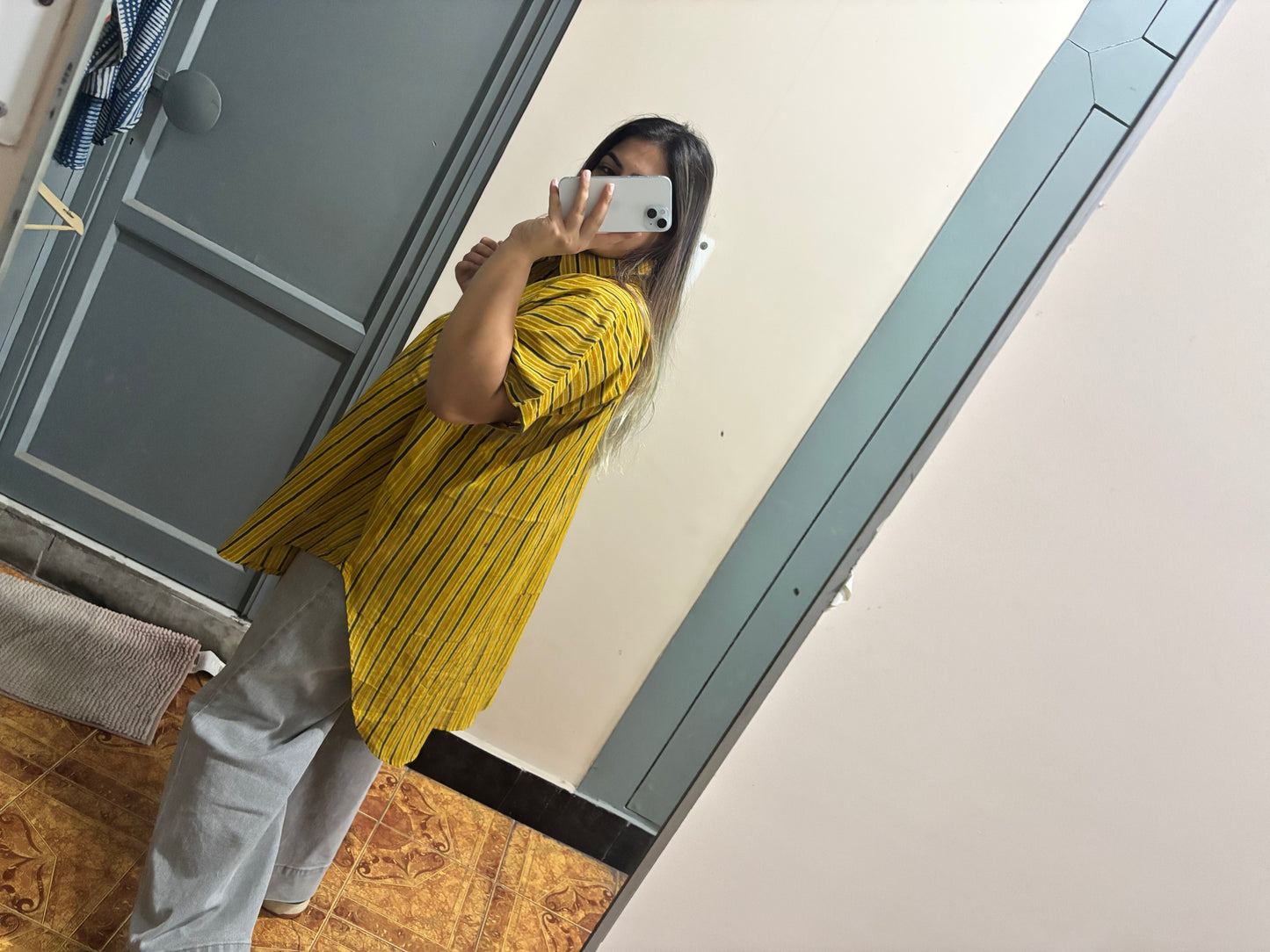 Yellow Stripe Ajrakh Cotton High Low Shirt Kaftan