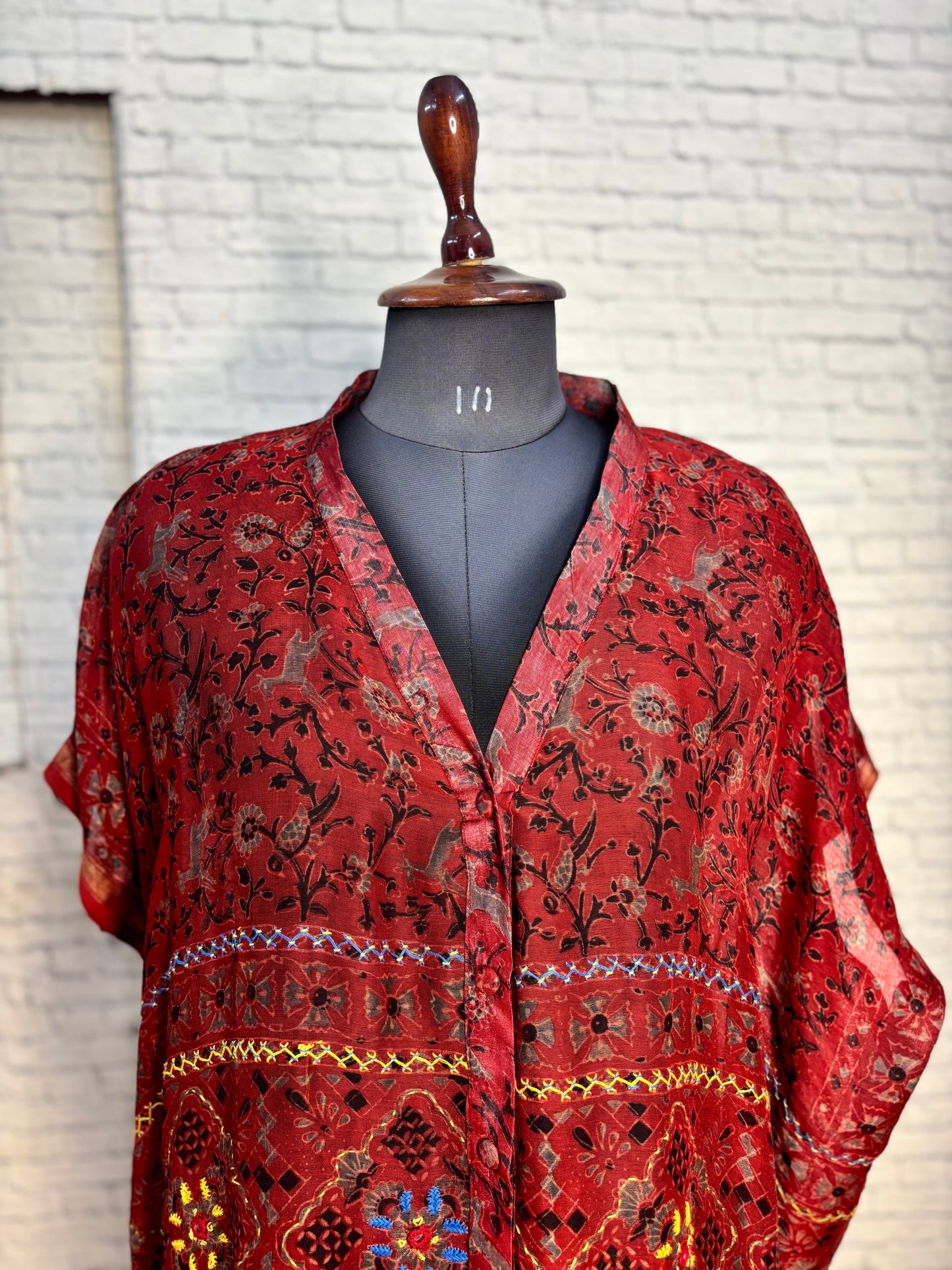 Red Ajrakh Chanderi Shirt Kaftan with Hand Embroidery