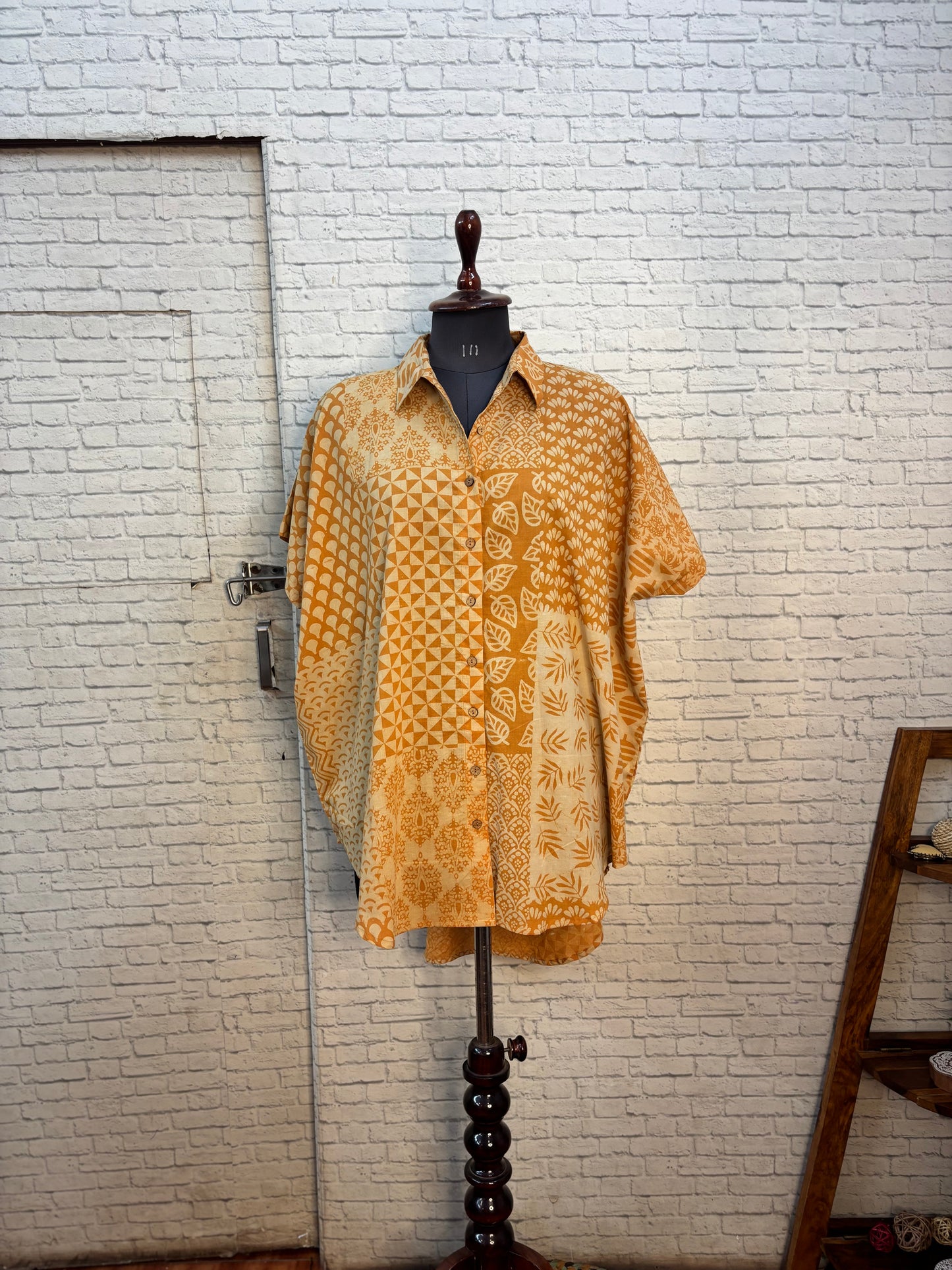 Orange Patch Dabu Cotton High Low Shirt Kaftan