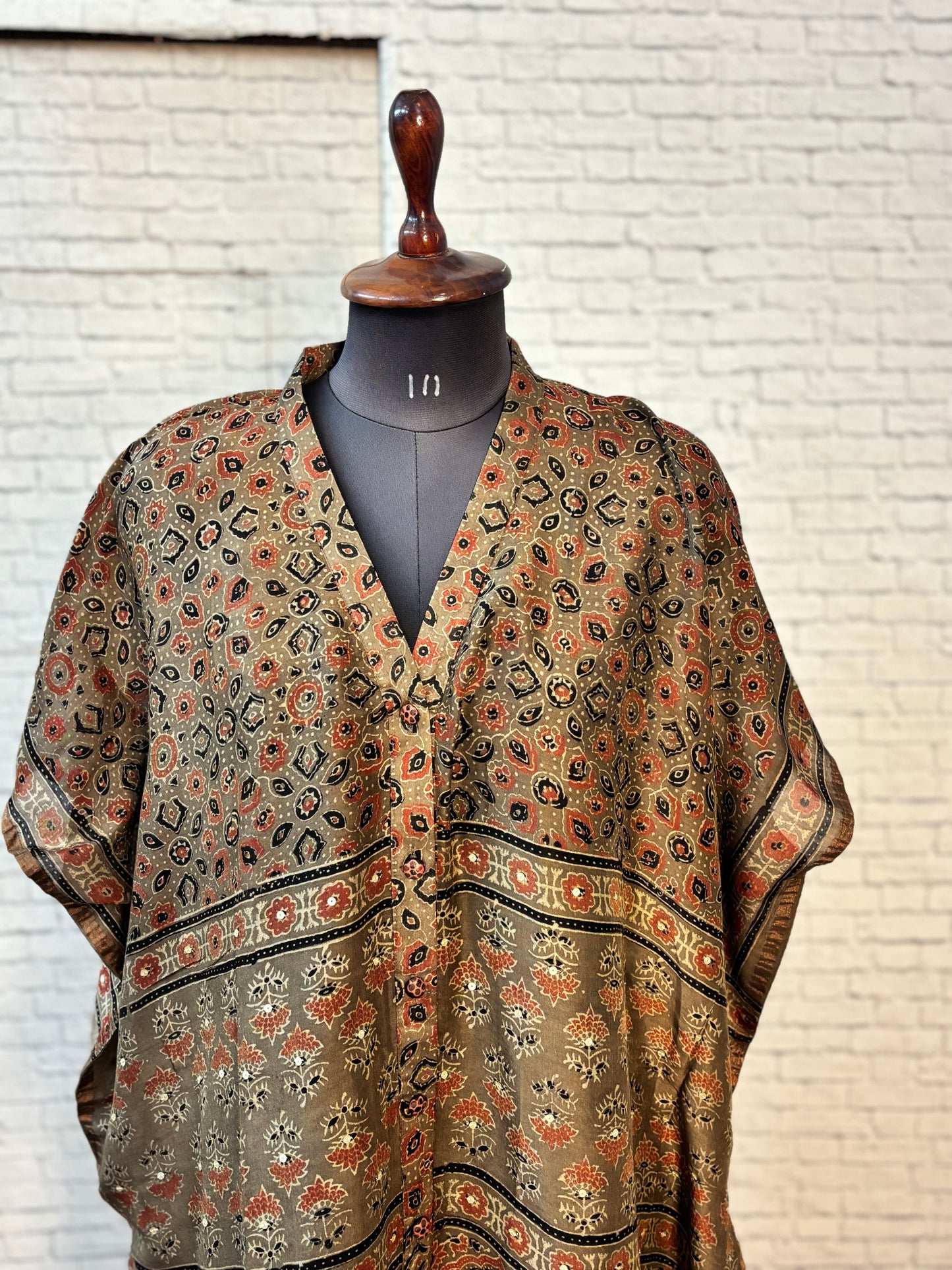 Brown Orange Ajrakh Chanderi Shirt Kaftan with Sequin Detailing