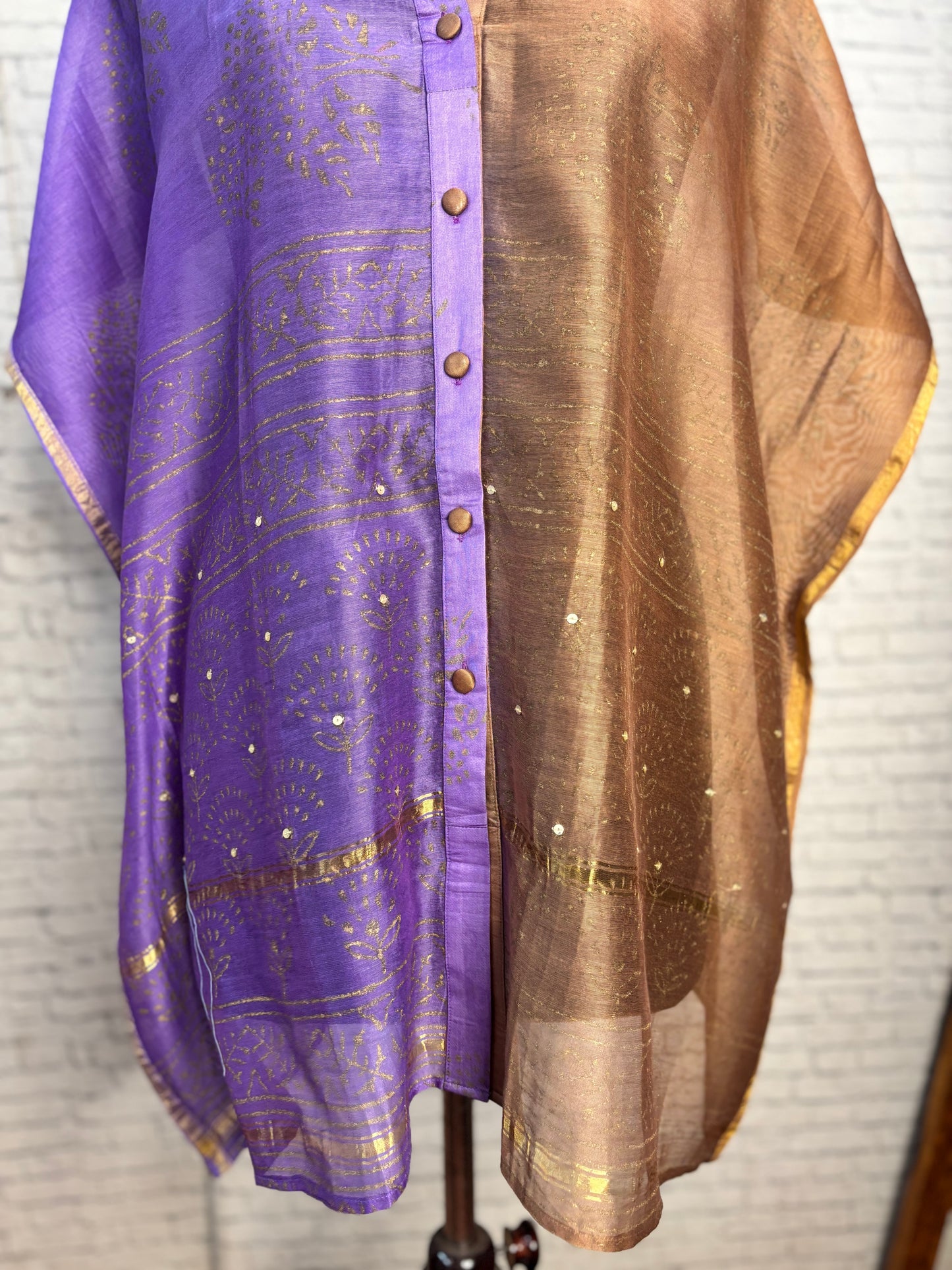 Purple Brown Hand Block Print Chanderi Shirt Kaftan with Sequin Detailing