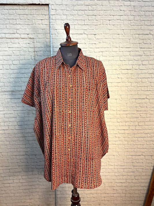 Red Ajrakh Cotton High Low Shirt Kaftan