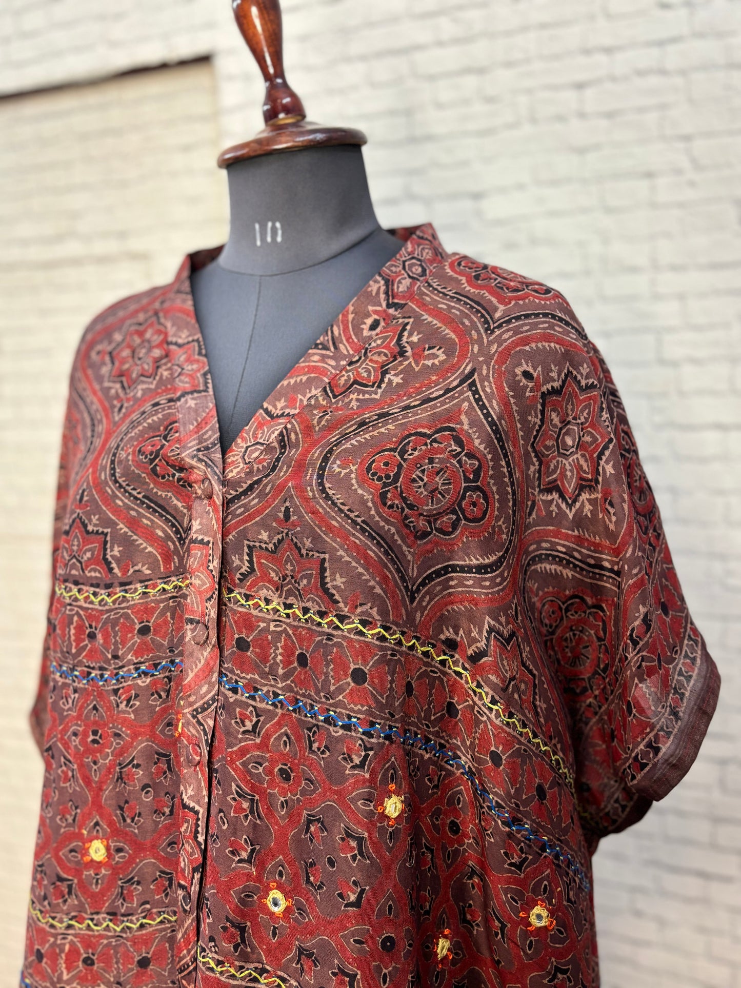 Kashish Red Ajrakh Chanderi Shirt Kaftan with Hand Embroidery