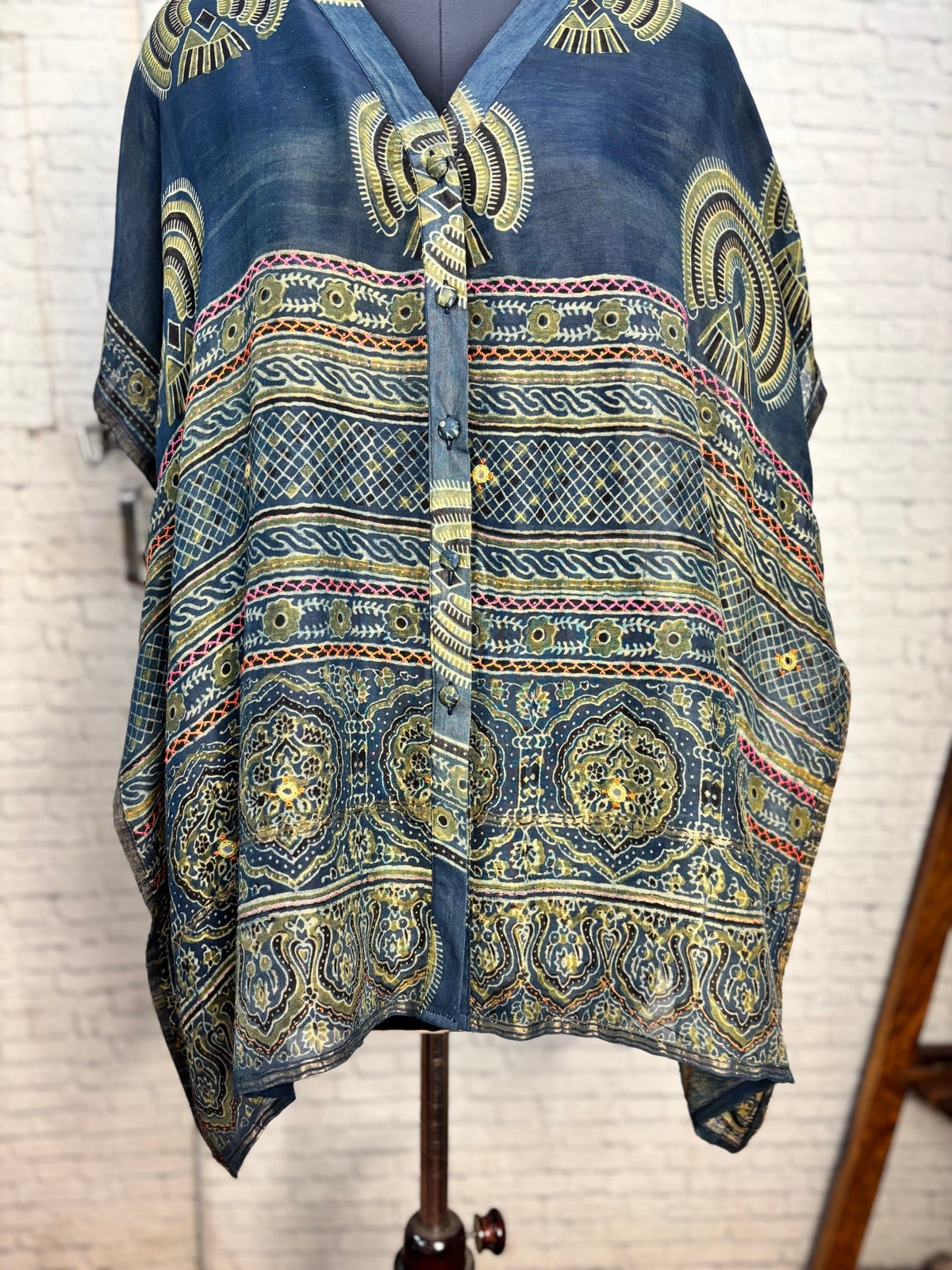 Indigo Green Ajrakh Chanderi Shirt Kaftan with Hand Embroidery