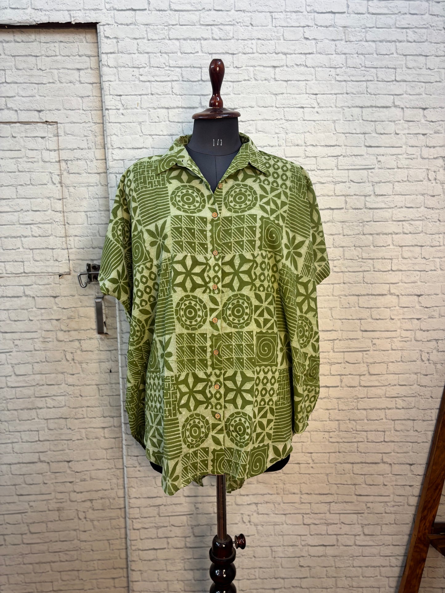 Green Tiles Hand Block Printed Cotton High Low Shirt Kaftan