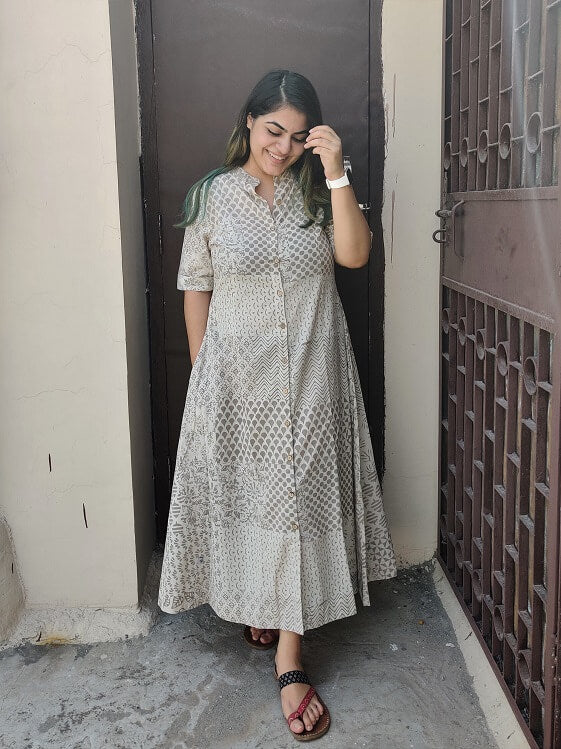 Dharani Hand Block Printed A Line Maxi Shirt Dress