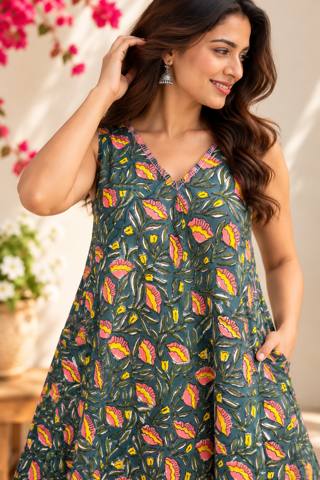 Gulbahaar Sleeveless Hand Block Printed Flared Maxi Dress