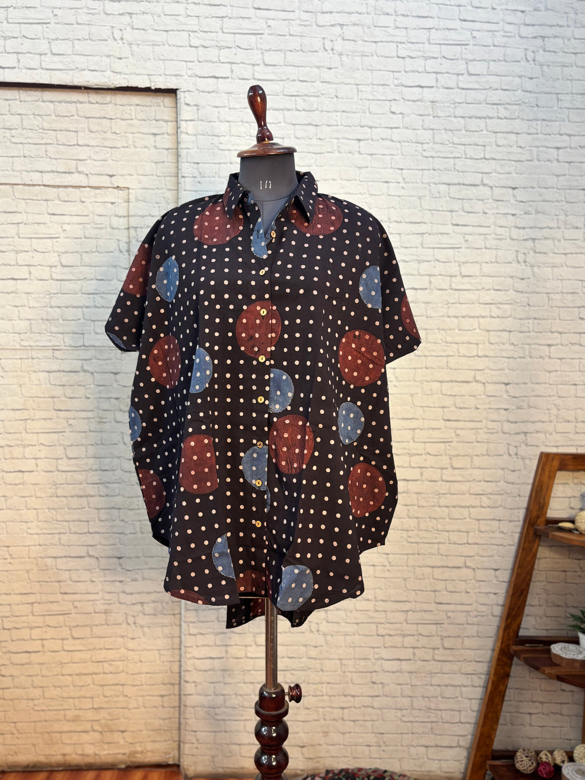 Black Ajrakh Dots Hand Block Printed Cotton High Low Shirt Kaftan