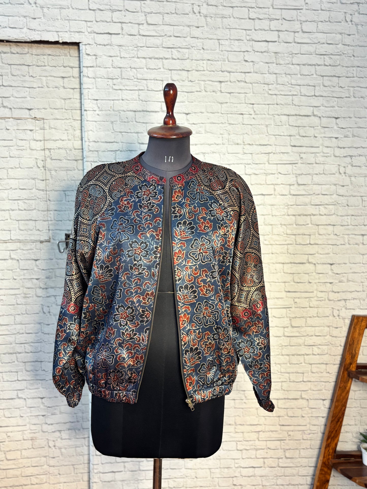 Indigo Black Mashru Silk Ajrakh Unisex Bomber Jacket