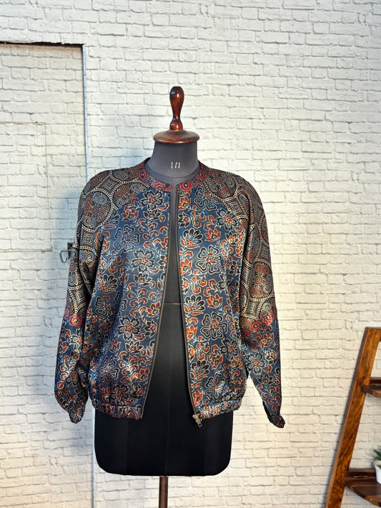 Indigo Black Mashru Silk Ajrakh Unisex Bomber Jacket