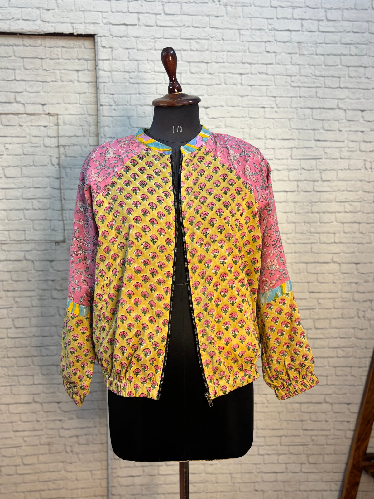 Yellow Pink Hand Block Printed Unisex Bomber Jacket