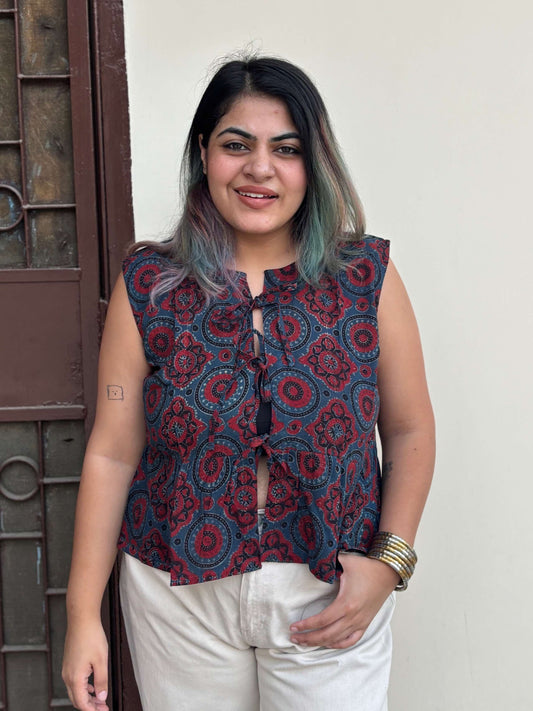 Indigo Red Ajrakh Hand Block Printed Front Tie Sleeveless Top