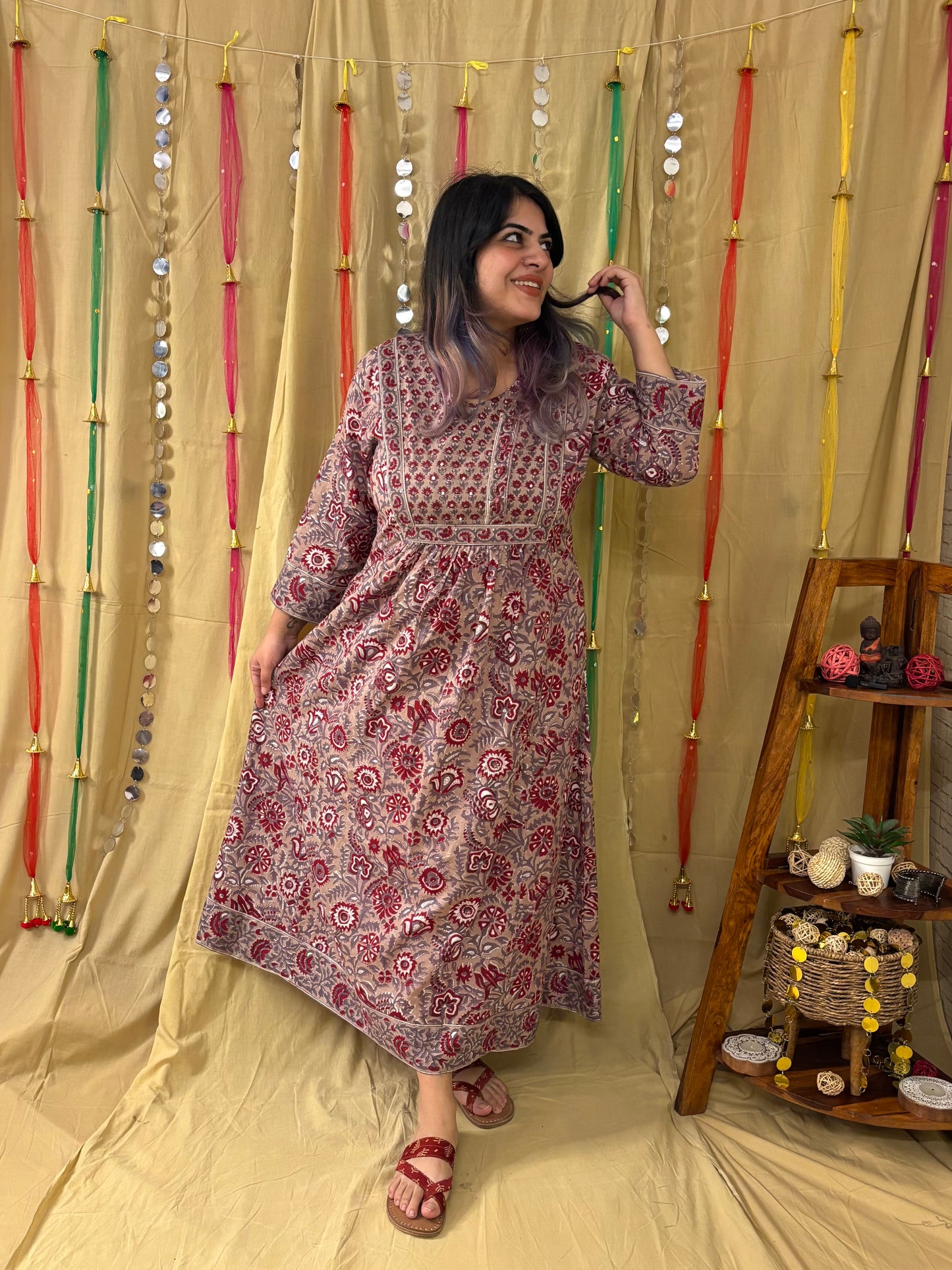 Inayat Hand Block Printed Patch Flared Maxi Dress with Hand Embroidery