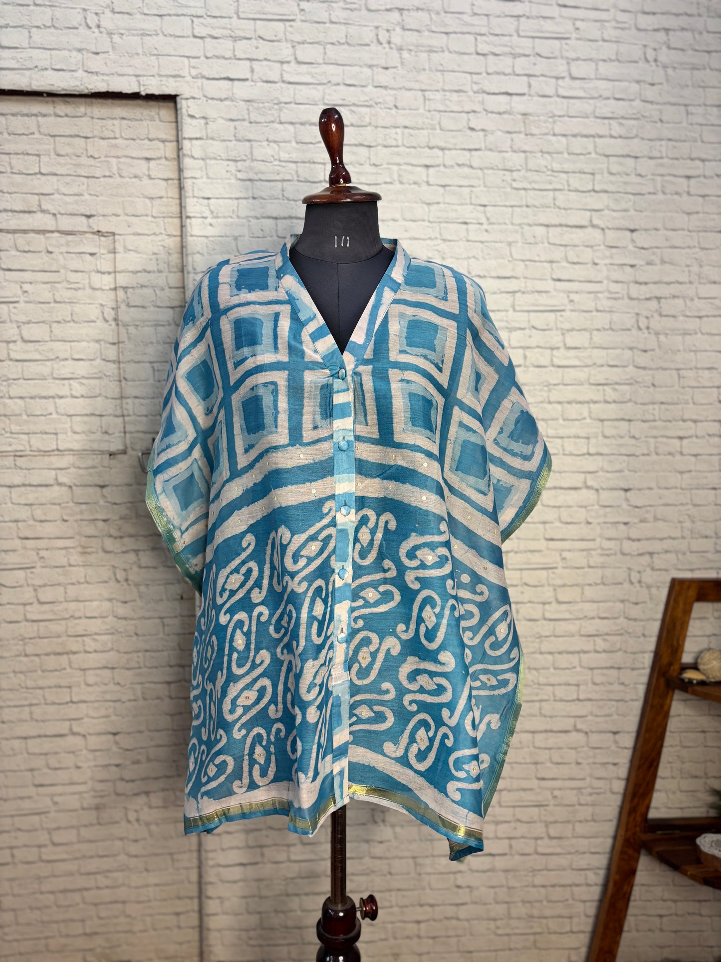 Blue Boxes Dabu Chanderi Shirt Kaftan with Sequin Detailing