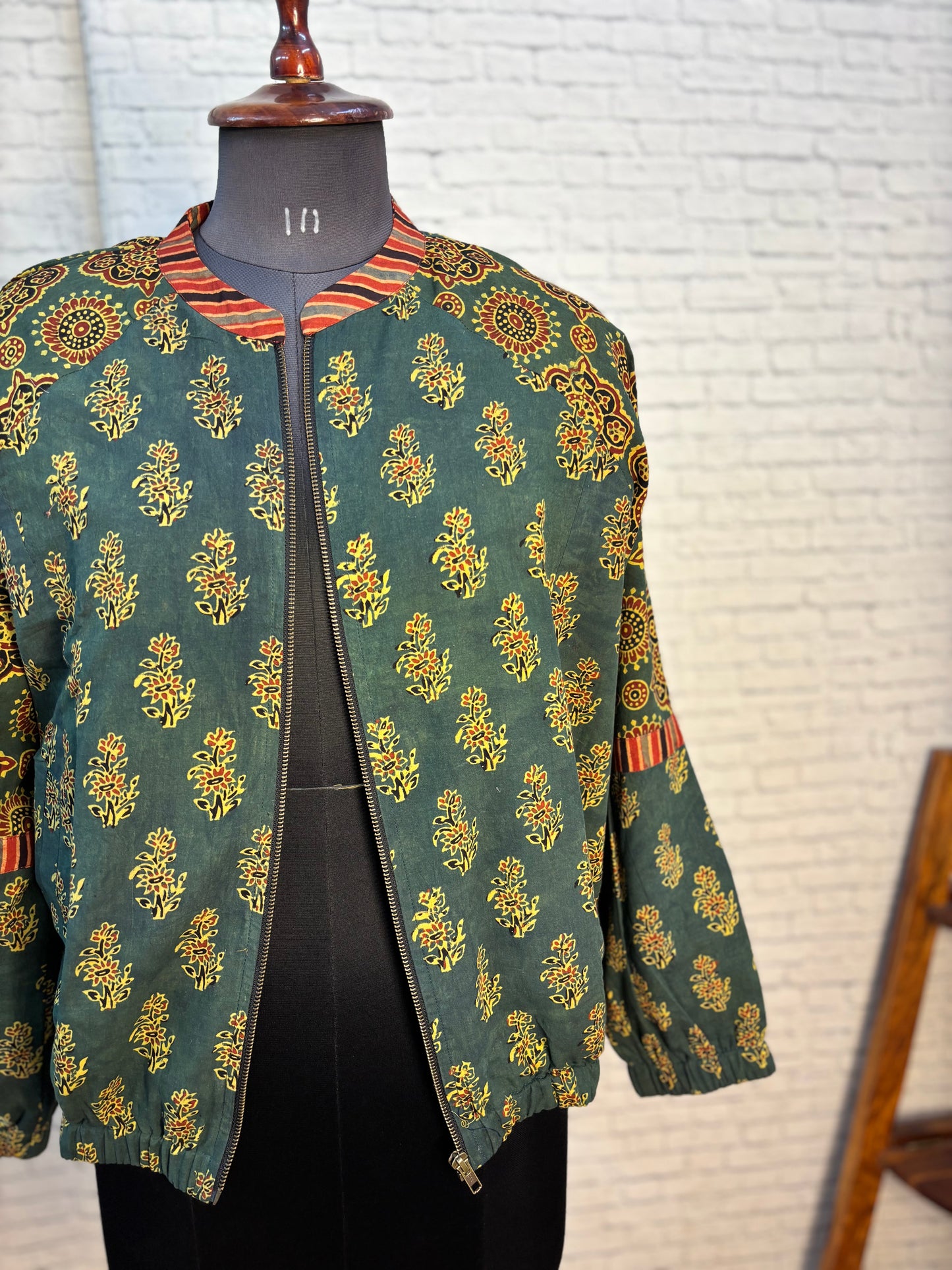 Green Ajrakh Hand Block Printed Unisex Bomber Jacket