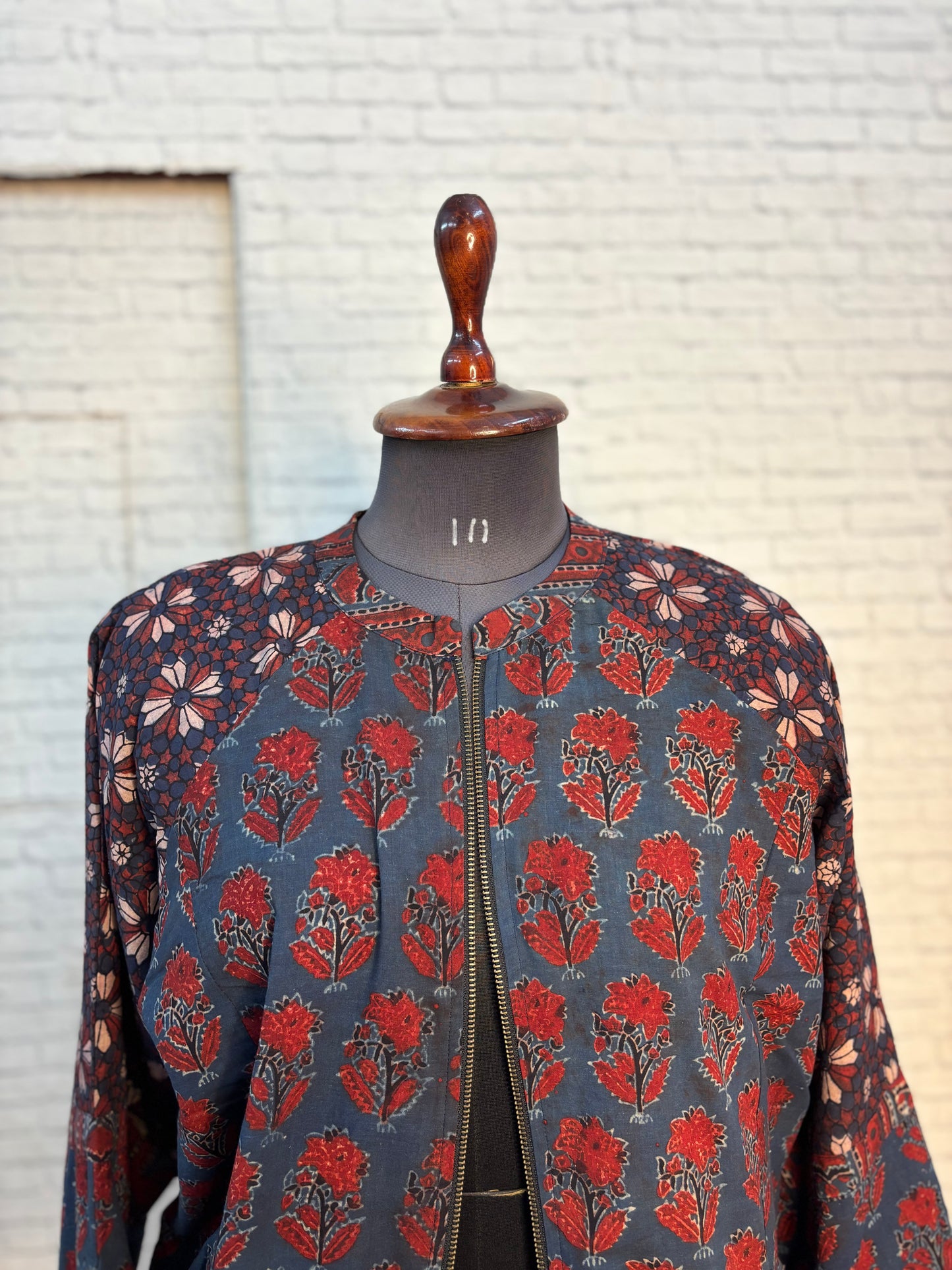 Indigo Red Ajrakh Hand Block Printed Unisex Bomber Jacket