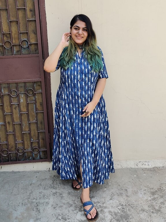 Azure Handblock Printed A Line Maxi Shirt Dress