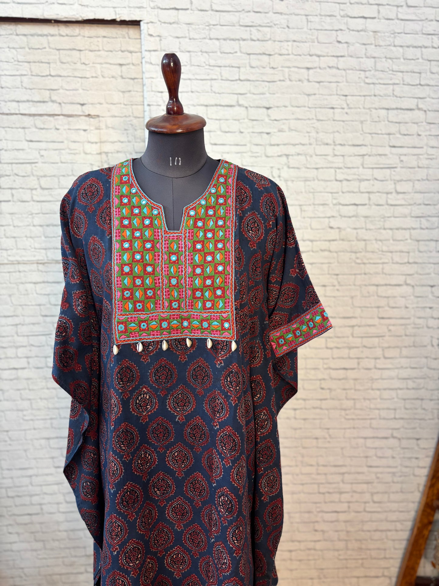 Indigo Red Ajrakh Hand Embroidered Patch Kaftan