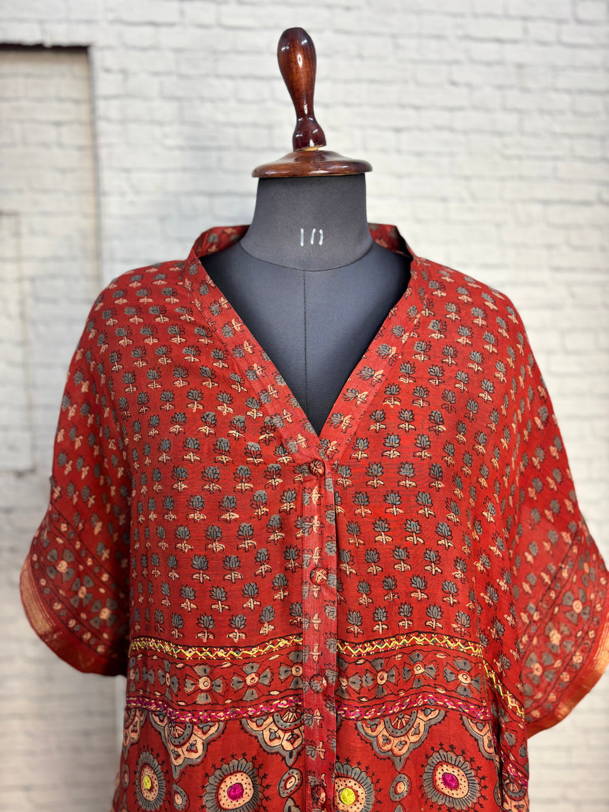 Red Ajrakh Chanderi Shirt Kaftan with Hand Embroidery