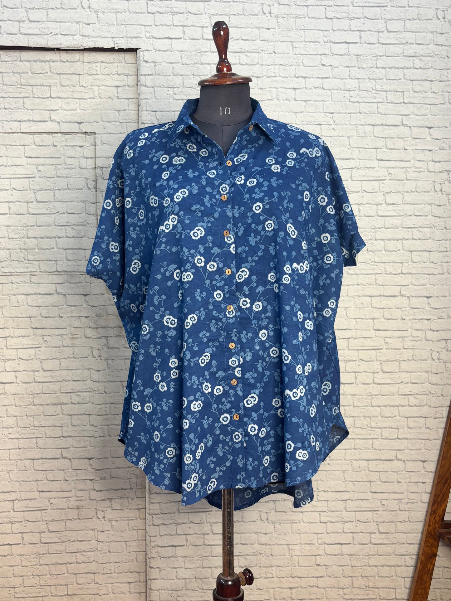 Indigo Wildflower Cotton High Low Shirt Kaftan