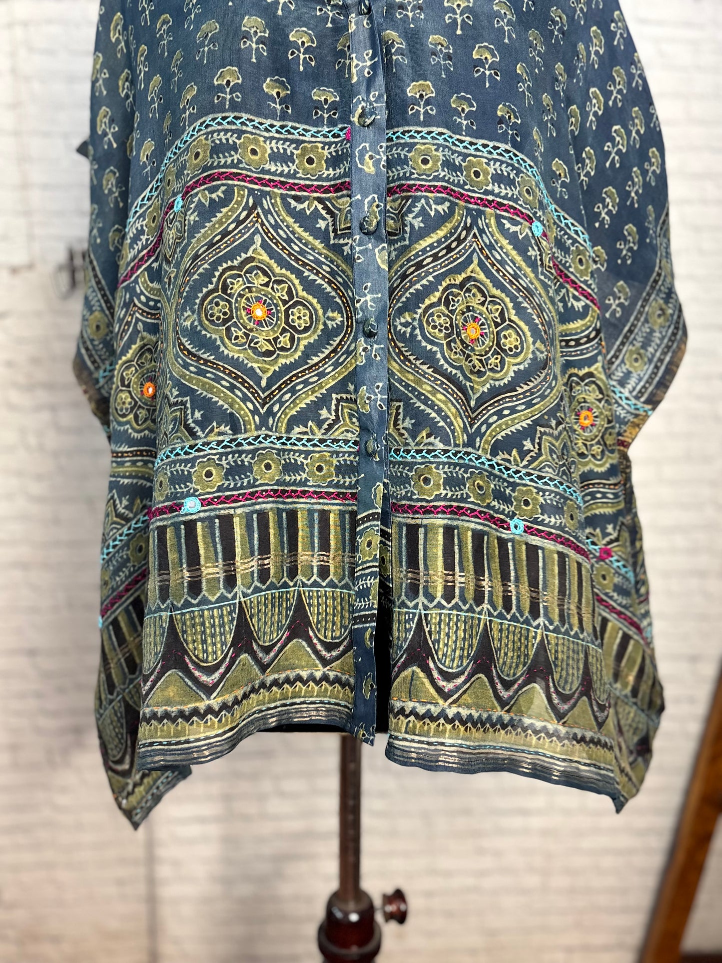 Indigo Green Ajrakh Chanderi Shirt Kaftan with Hand Embroidery