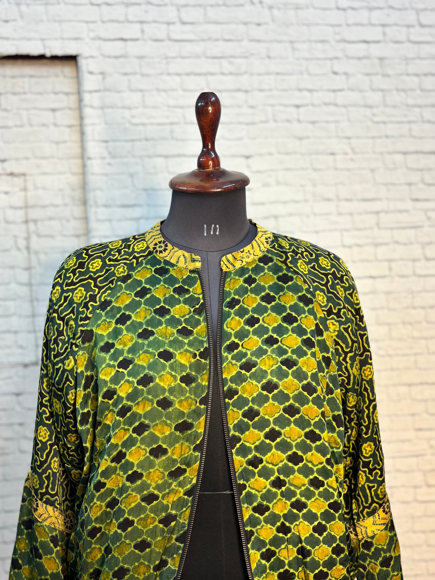 Green Modal Silk Ajrakh Unisex Bomber Jacket