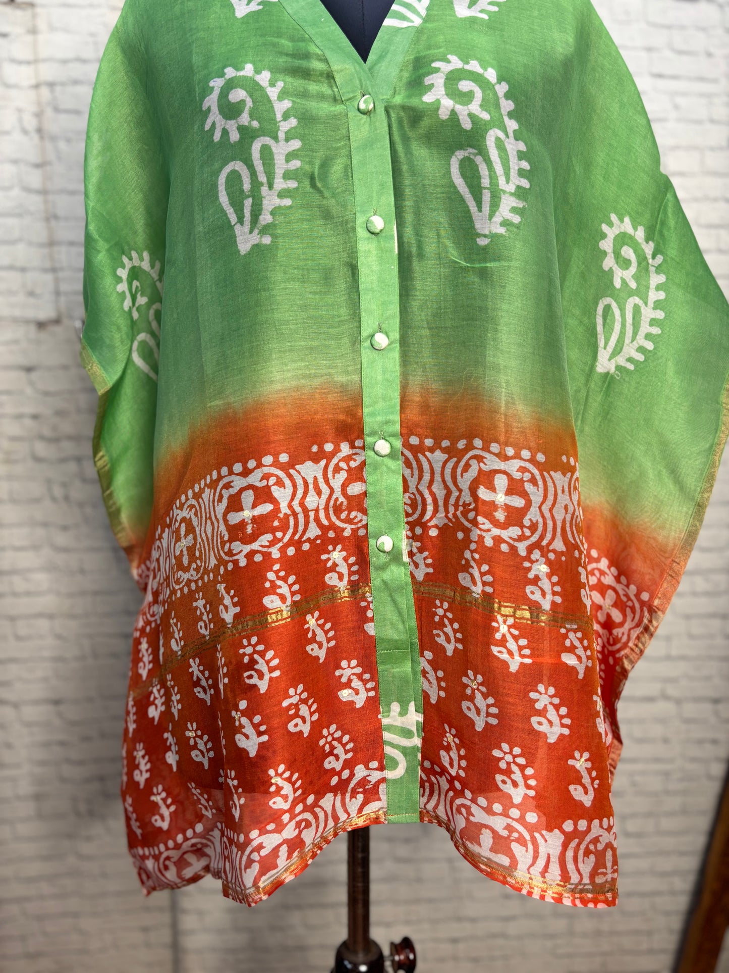 Green Orange Chanderi Shirt Kaftan with Sequin Detailing