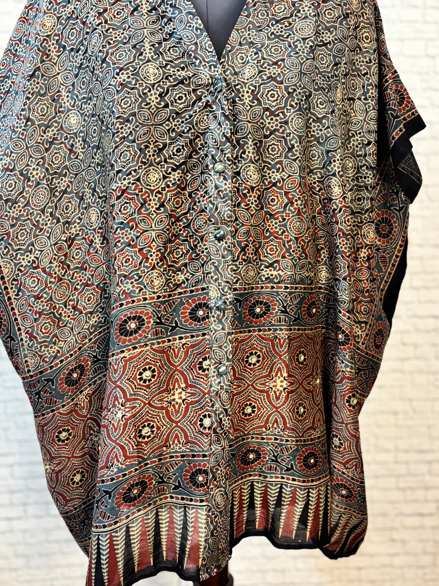 Indigo Black Ajrakh Chanderi Shirt Kaftan with Sequin Detailing