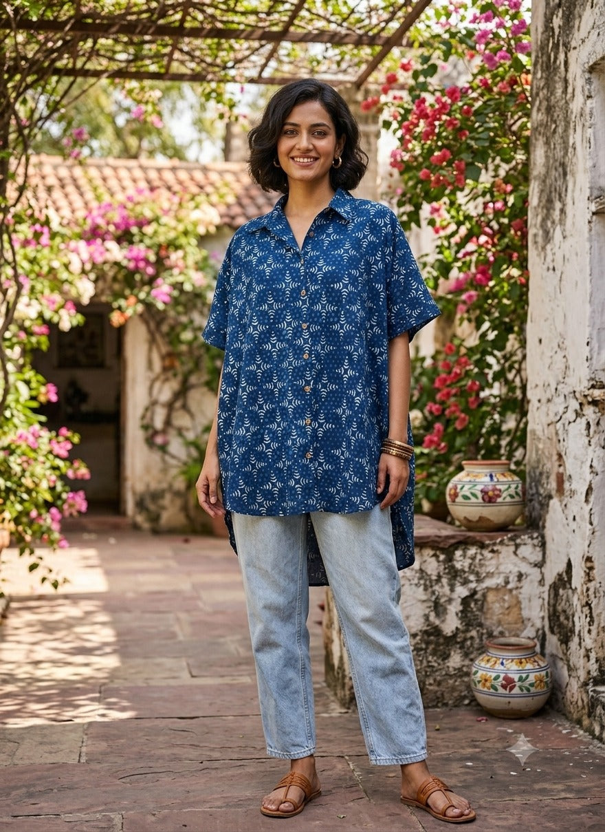 Indigo Ripple Cotton High Low Shirt Kaftan
