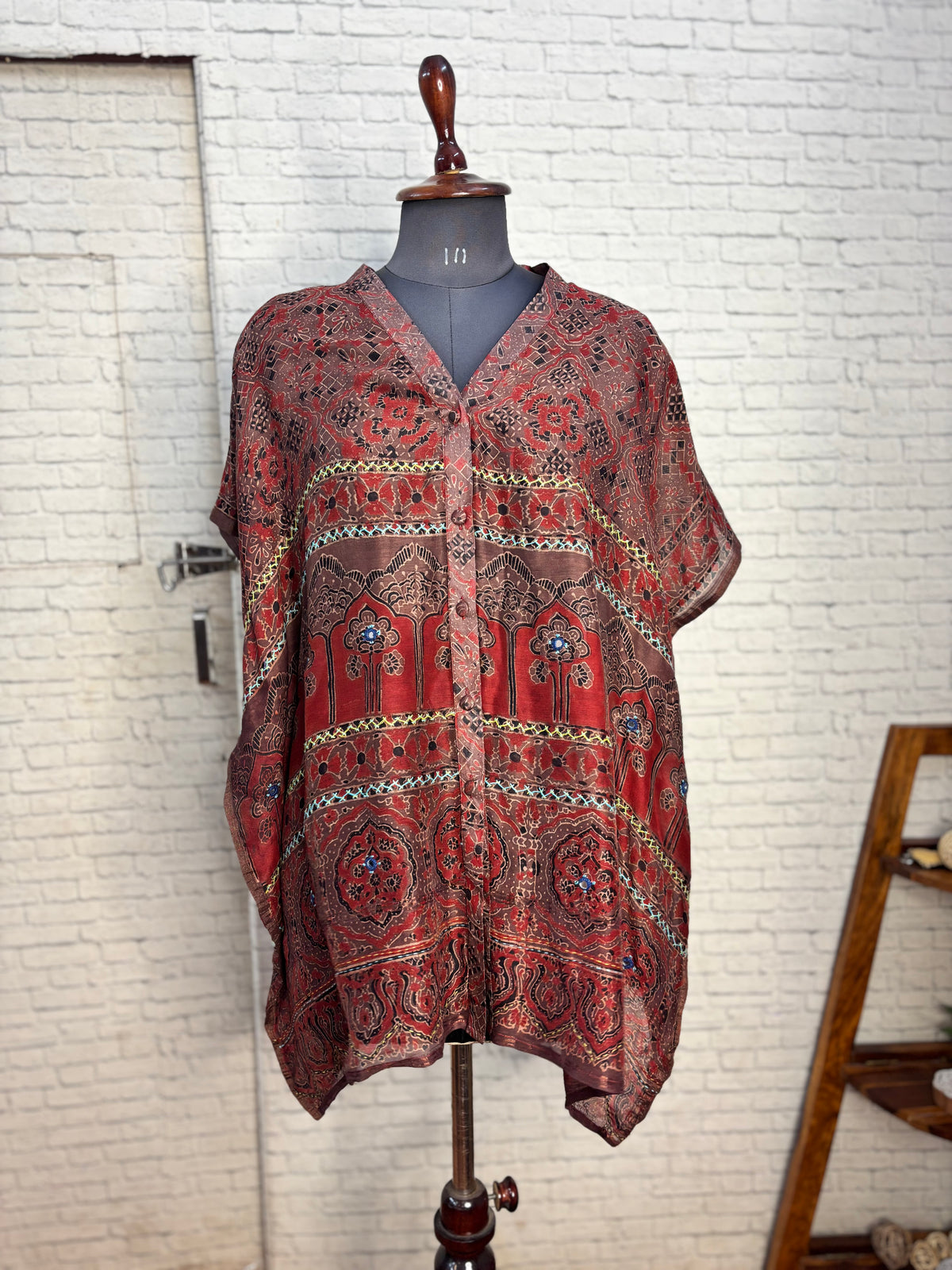 Kashish Red Ajrakh Chanderi Shirt Kaftan with Hand Embroidery