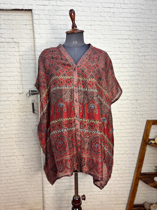 Kashish Red Ajrakh Chanderi Shirt Kaftan with Hand Embroidery