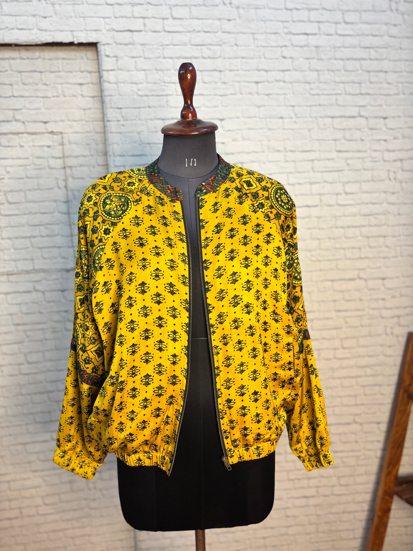 Yellow Modal Silk Ajrakh Unisex Bomber Jacket
