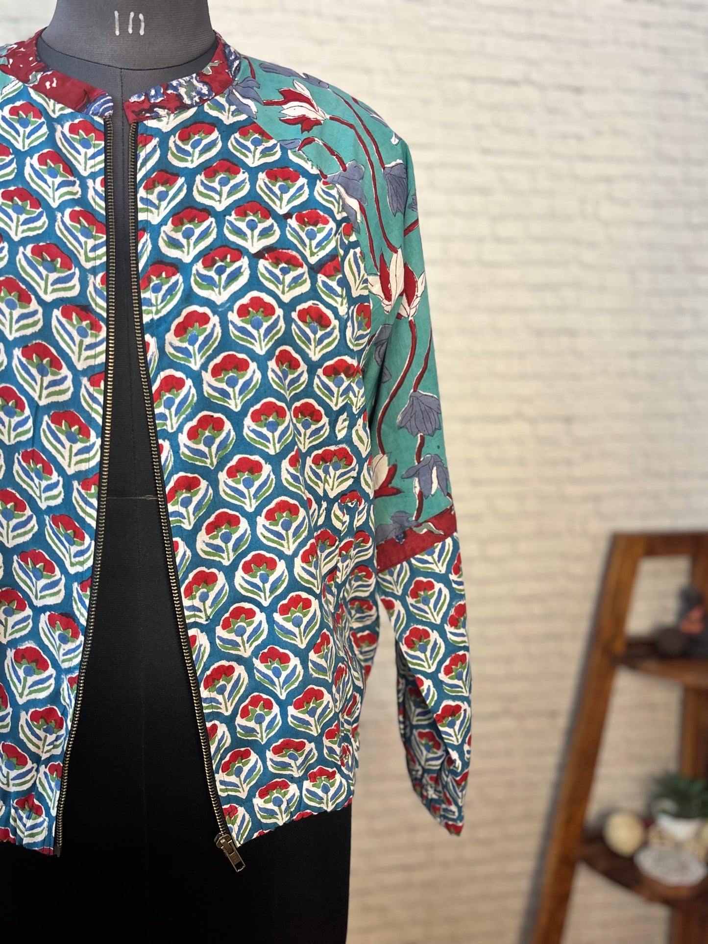 Teal Red Hand Block Printed Unisex Bomber Jacket