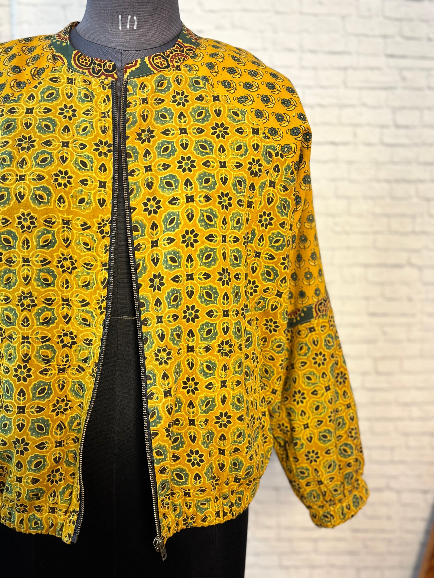 Yellow Ajrakh Hand Block Printed Unisex Bomber Jacket