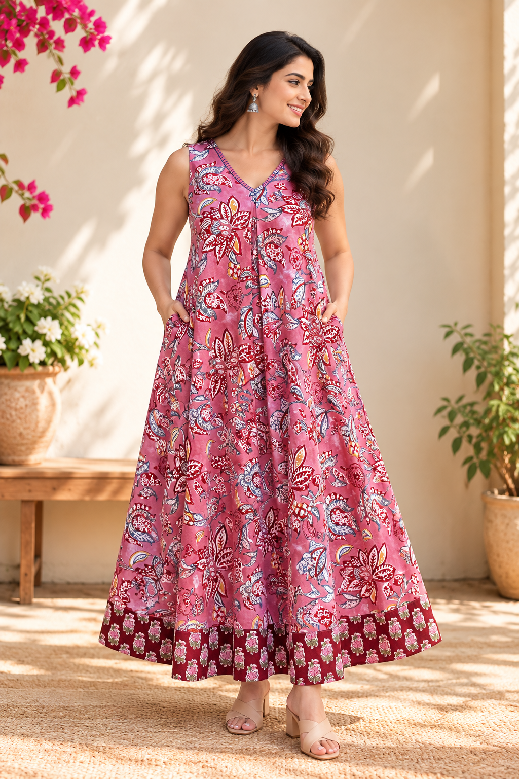 Pink Pop Sleeveless Hand Block Printed Flared Maxi Dress
