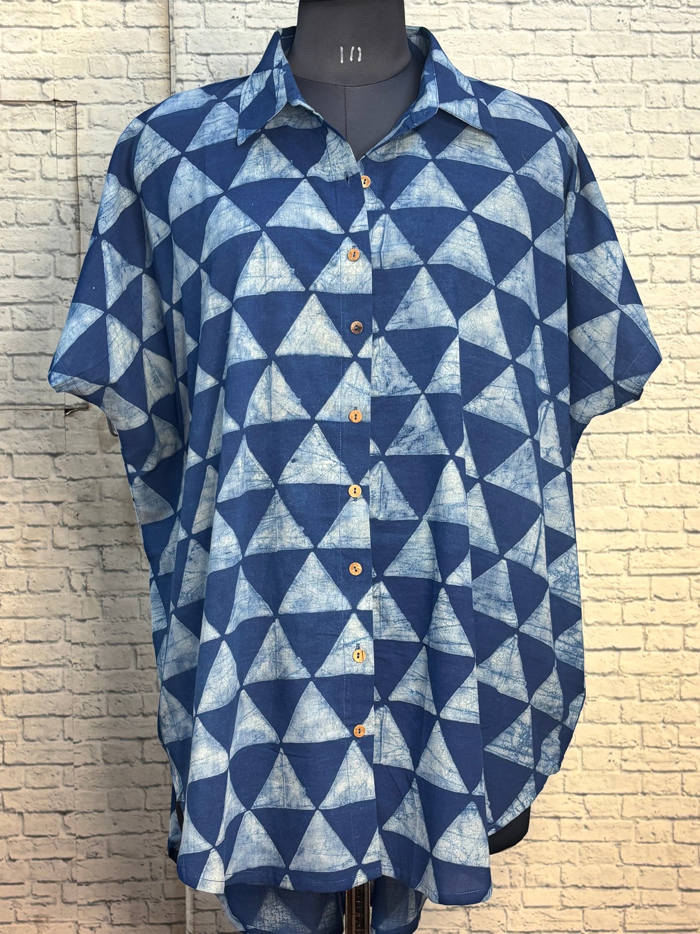 Indigo White Triangles Cotton High Low Shirt Kaftan
