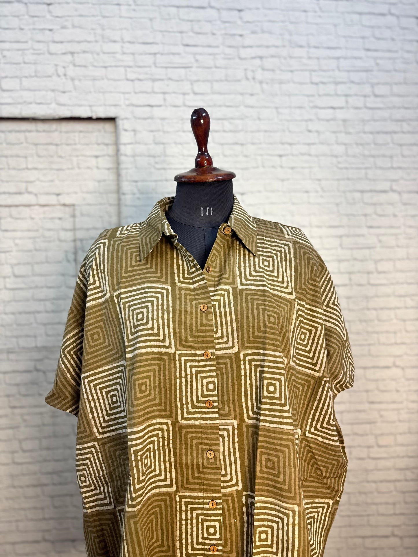 Olive Maze Cotton High Low Shirt Kaftan