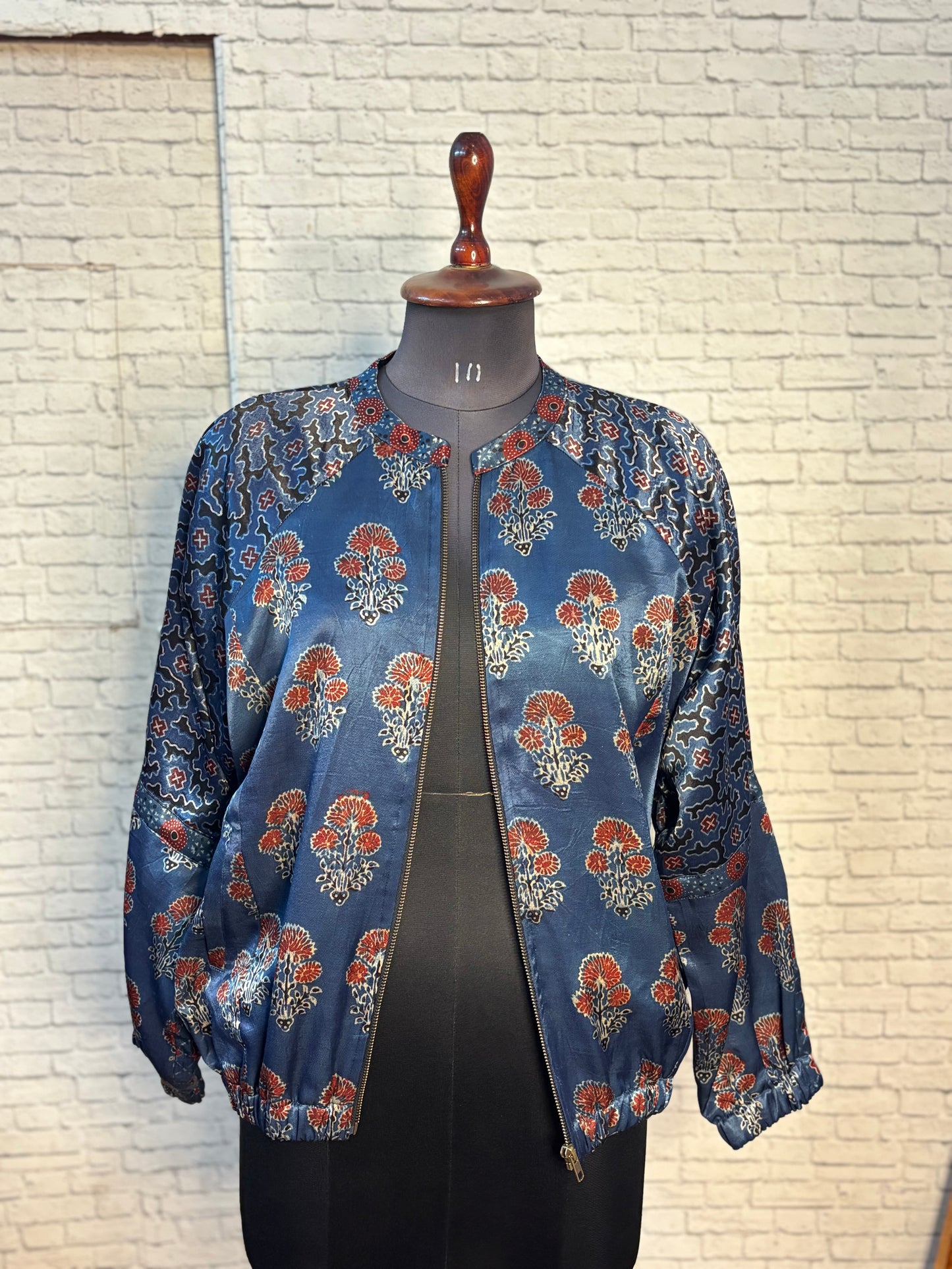 Indigo Mashru Silk Ajrakh Unisex Bomber Jacket