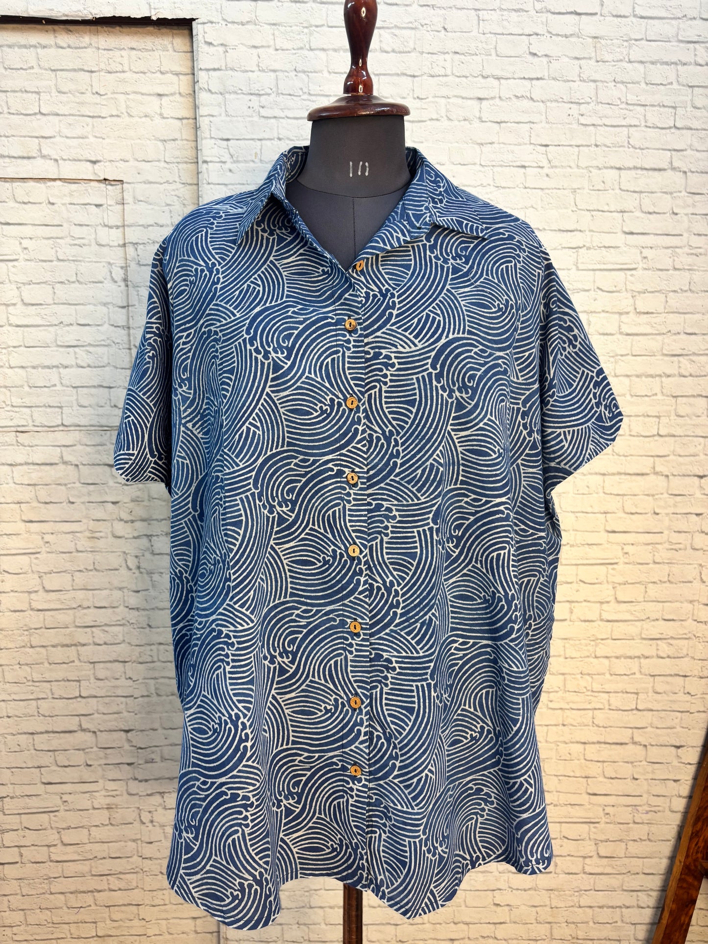 Indigo Waves Hand Block Printed Cotton High Low Shirt Kaftan