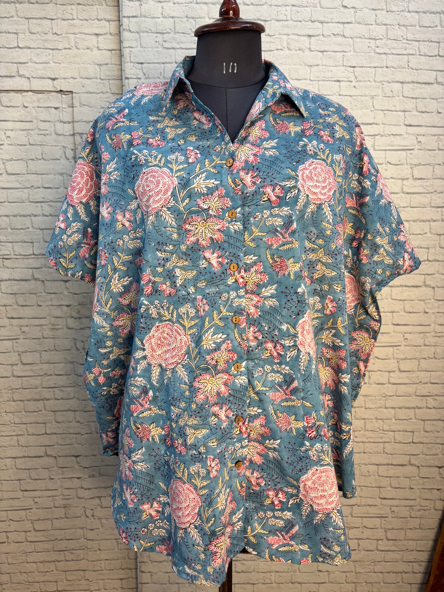 Blue Floral Cotton High Low Shirt Kaftan